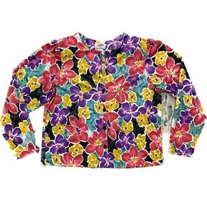 C01 Bridge Gate VTG Satin Top Button Up Blouse Shoulder Pads Floral Medium